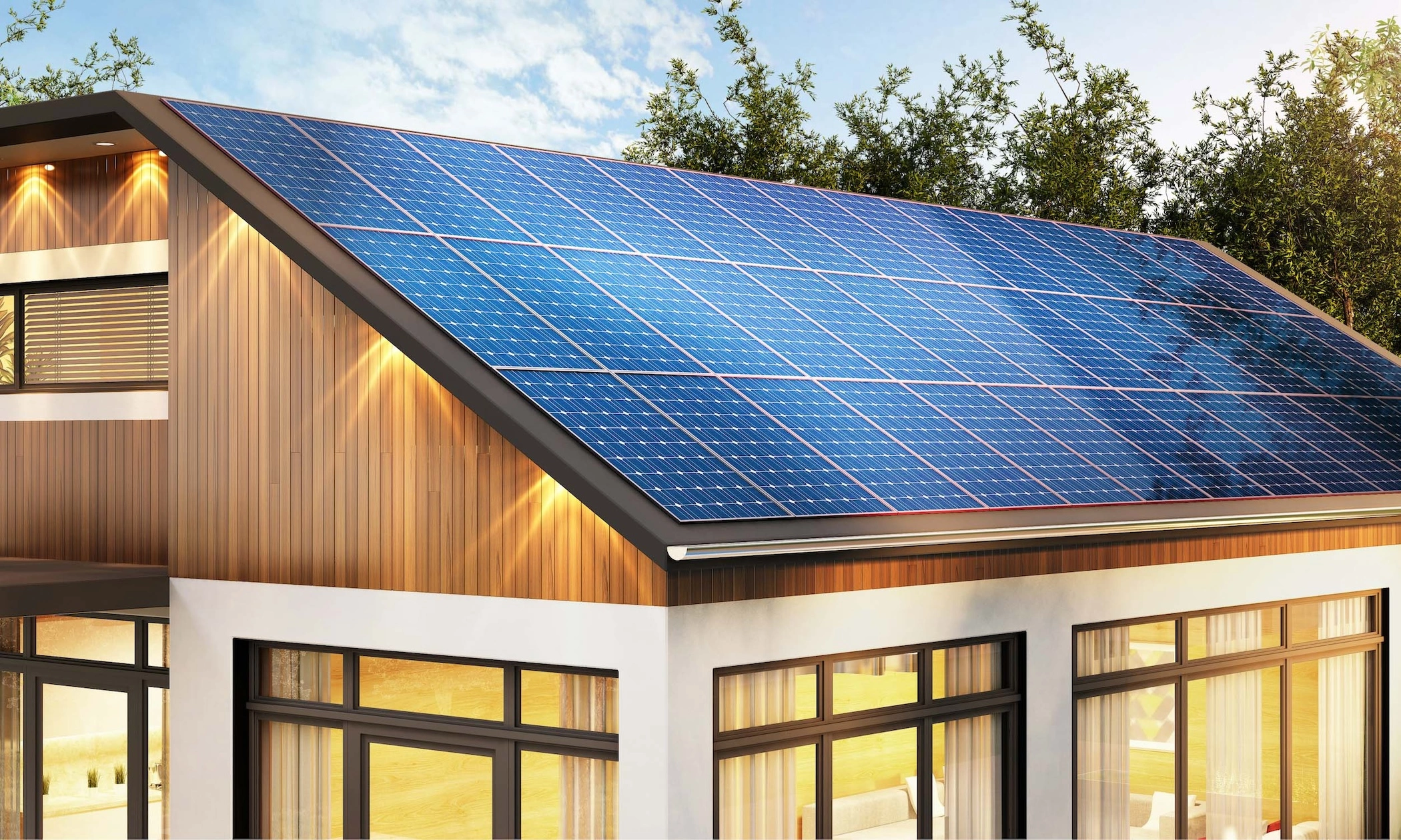 Photovoltaikanlage auf dem Schrägdach eines modernen Einfamilienhauses zur nachhaltigen Stromerzeugung