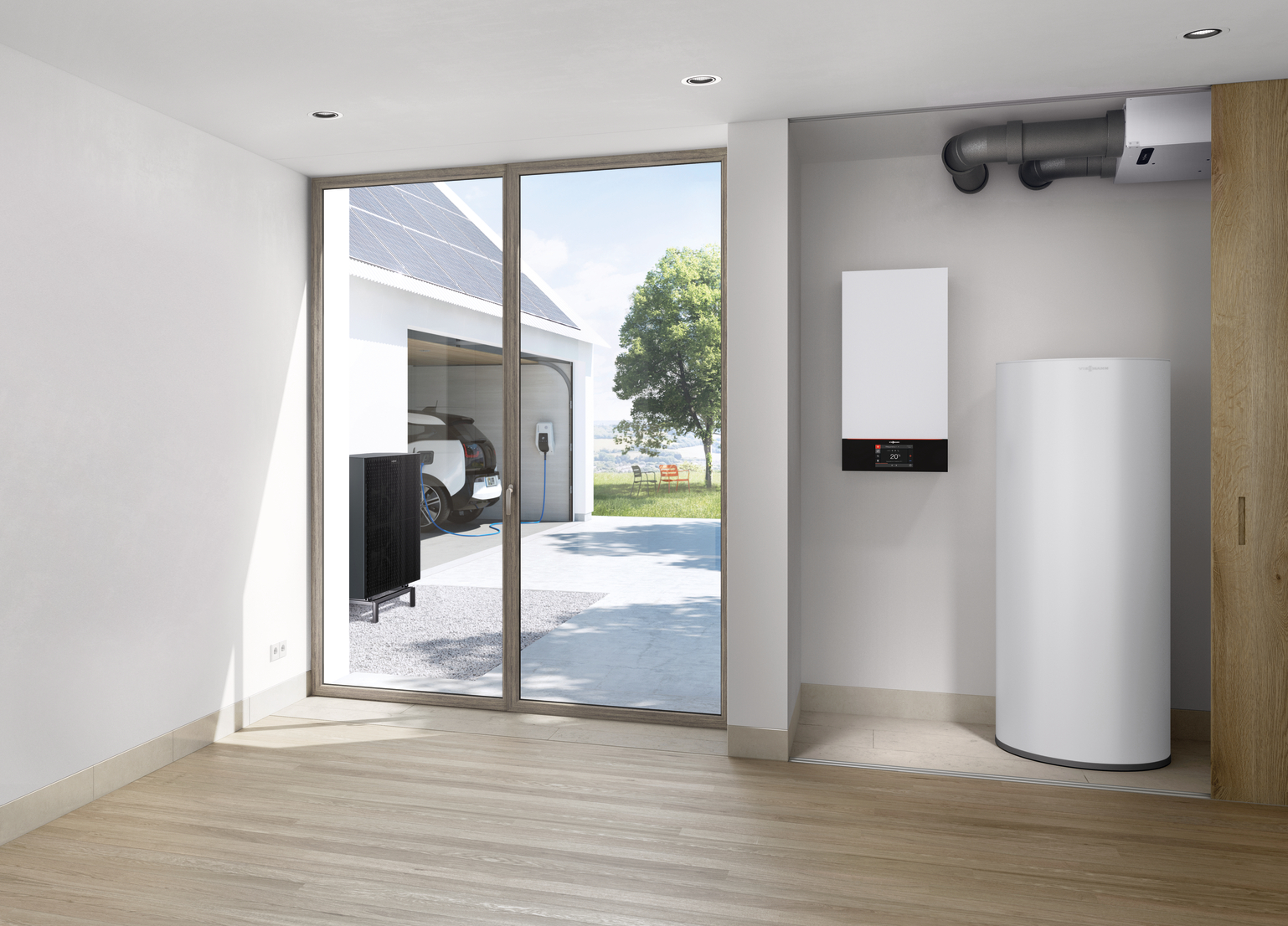 Wärmepumpe im Hauswirtschaftsraum mit Blick auf Photovoltaikanlage und Elektroauto in der Einfahrt